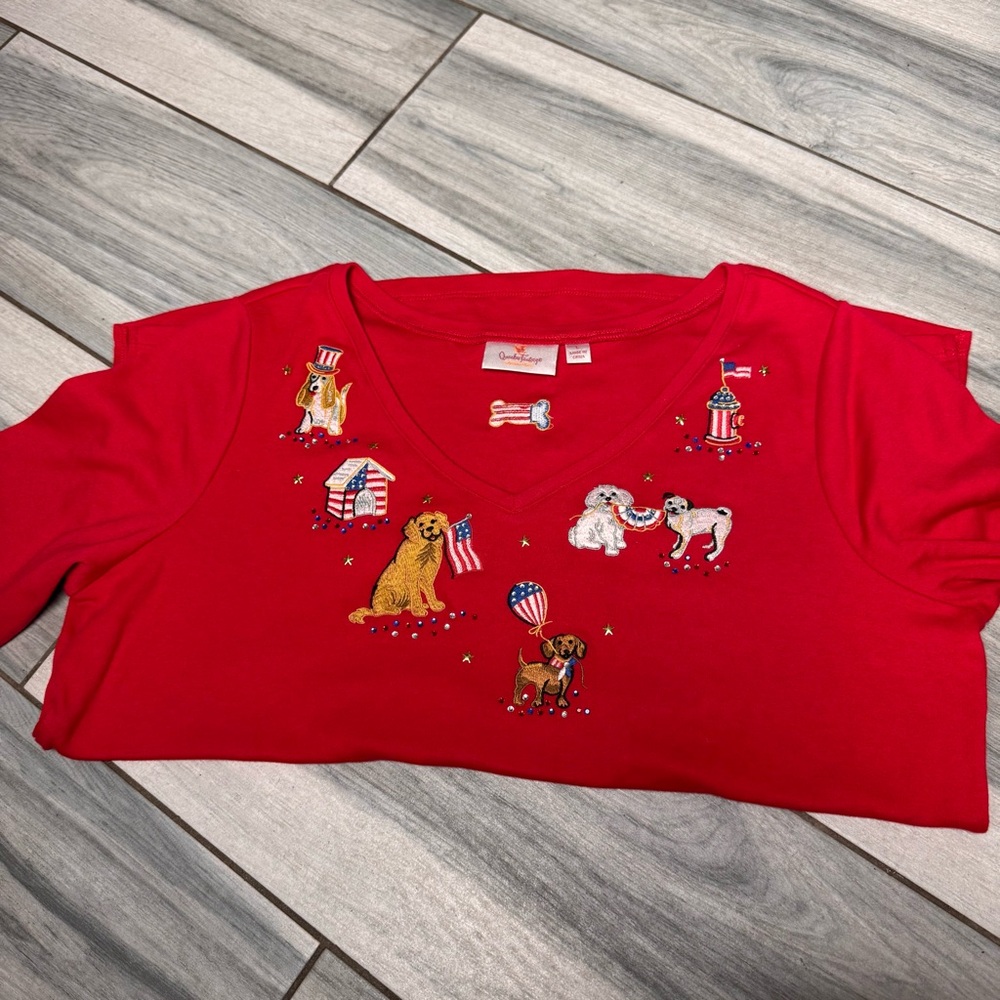 Quacker Factory Women’s Patriotic USA Red Embroidered Half Sleeve Shirt Large